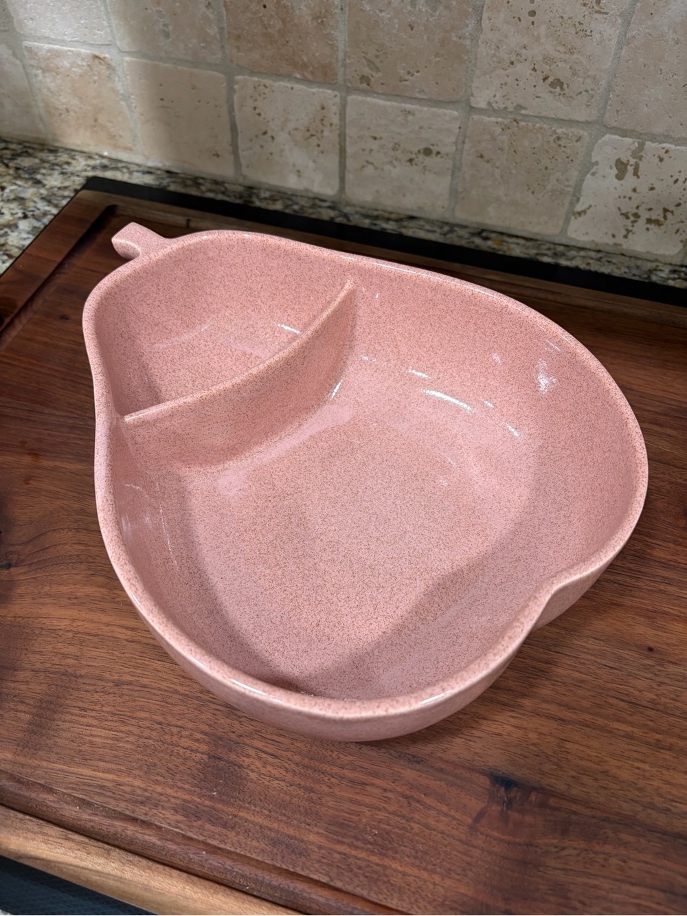 Vintage MCM 1950s Pfaltzgraff Pink Speckled Pear Divided Serving Bowl USA